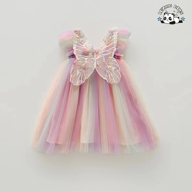 OEM Customizable High Quality rainbow Color Sweet Spaghetti Strap Tulle Kids Dresses for Girls - Product Image