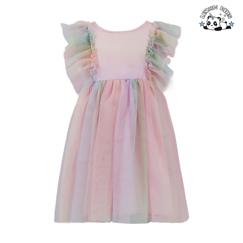 OEM Customizable Kids Princess Short Sleeves Breathable Flower Birthday Ball Gown Tulle Dress for 2-14T Kids