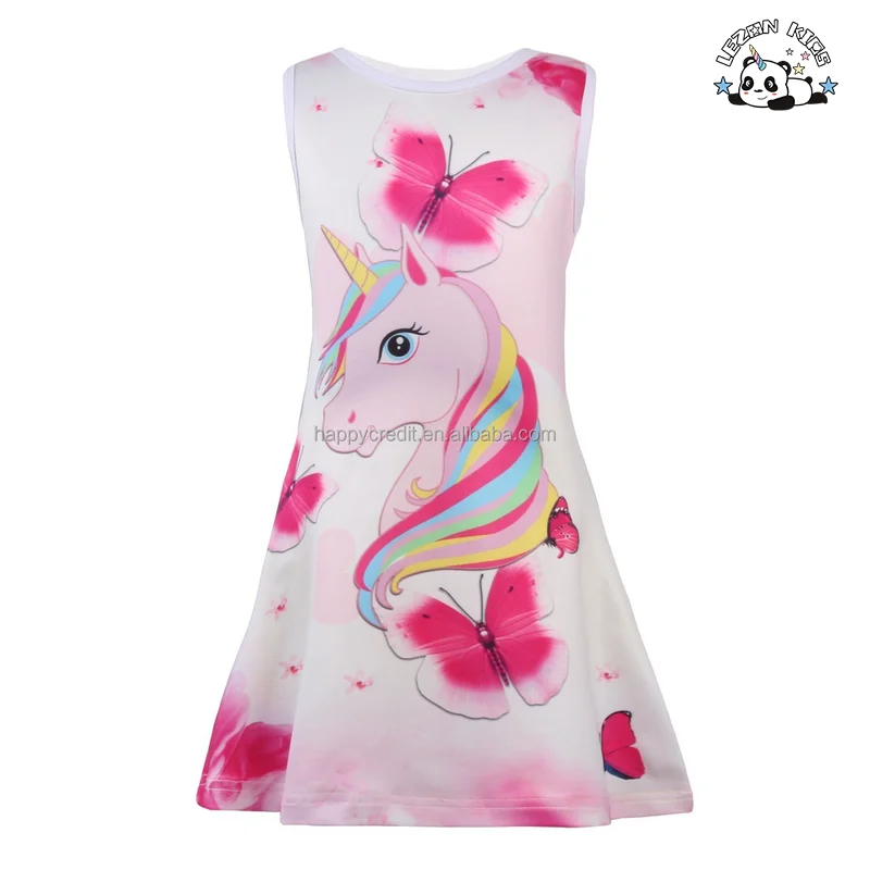 Vestido de Algodão com Estampa de Unicórnio de Desenho Animado Sem Manga para Meninas, Novo Modelo Personalizável da OEM para o Verão