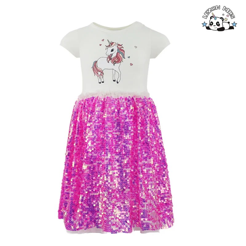 OEM Customizable Party Kid Dress Summer Casual Short Sleeve O Neck Girls Sequin Dresses for 2-14T