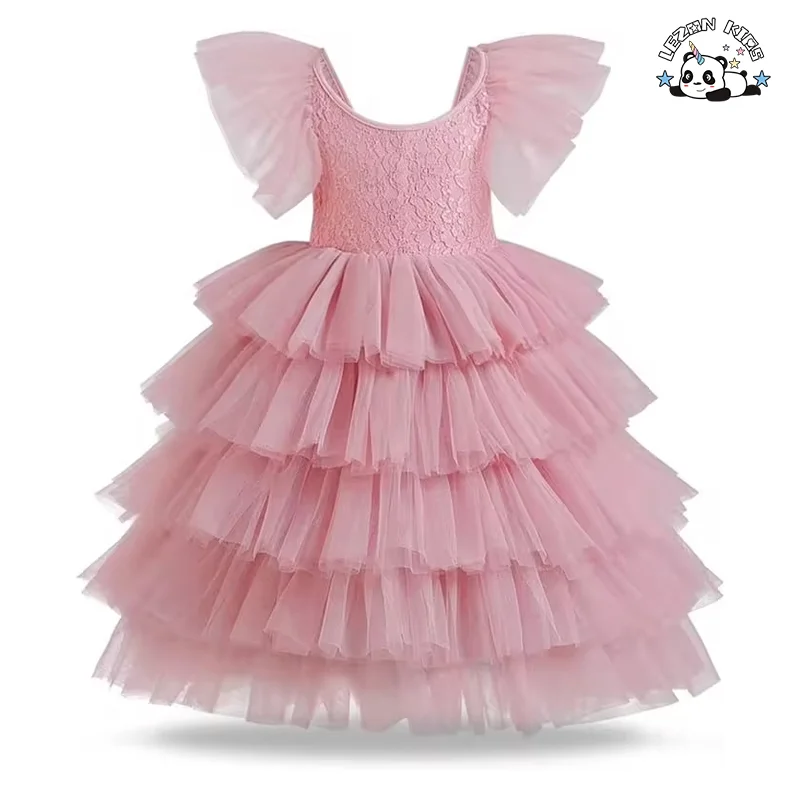 OEM Customizable Ruffle Sleeves Layered Tulle Girls Dress V-Neck Puffy Lace Dress for Girls 8 Years Size
