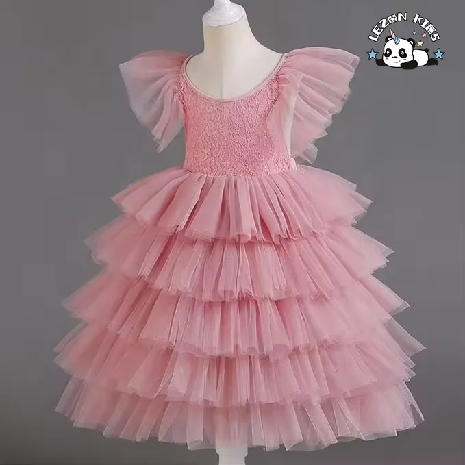 OEM Customizable Ruffle Sleeves Layered Tulle Girls Dress V-Neck Puffy Lace Dress for Girls 8 Years Size - Product Image