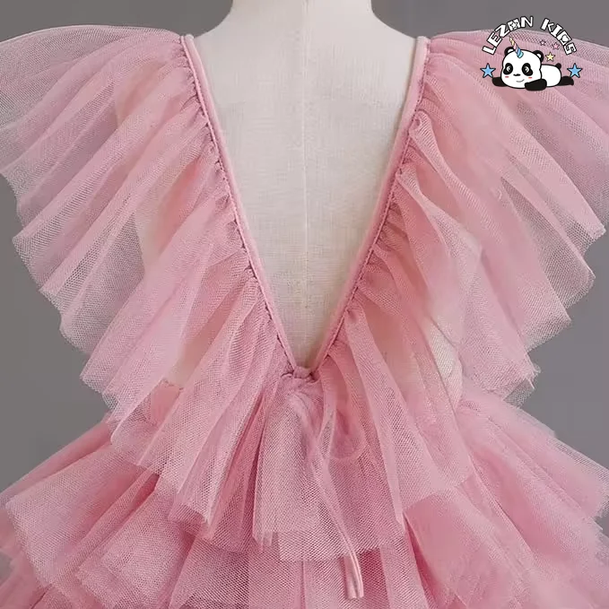OEM Customizable Ruffle Sleeves Layered Tulle Girls Dress V-Neck Puffy Lace Dress for Girls 8 Years Size - Product Image