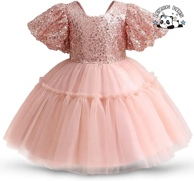 Vestidos infantis com lantejoulas personalizáveis da OEM com manga bufante brilhante com malha de renda para festas para meninas