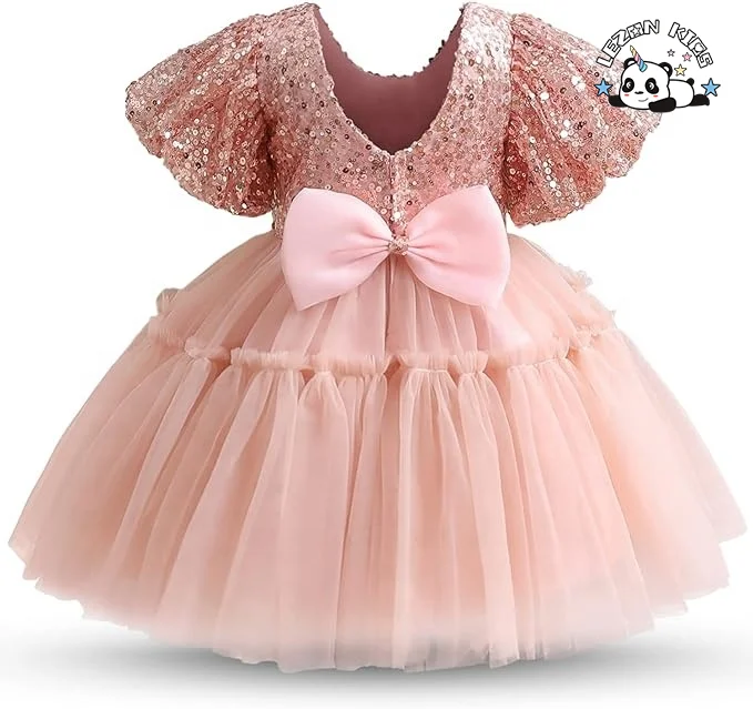 Vestidos infantis com lantejoulas personalizáveis da OEM com manga bufante brilhante com malha de renda para festas para meninas - Product Image