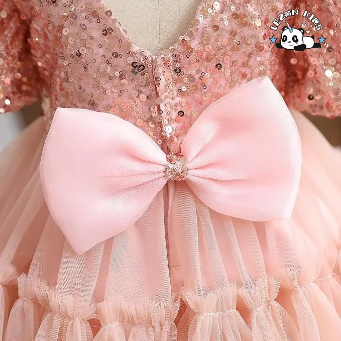 Vestidos infantis com lantejoulas personalizáveis da OEM com manga bufante brilhante com malha de renda para festas para meninas - Product Image