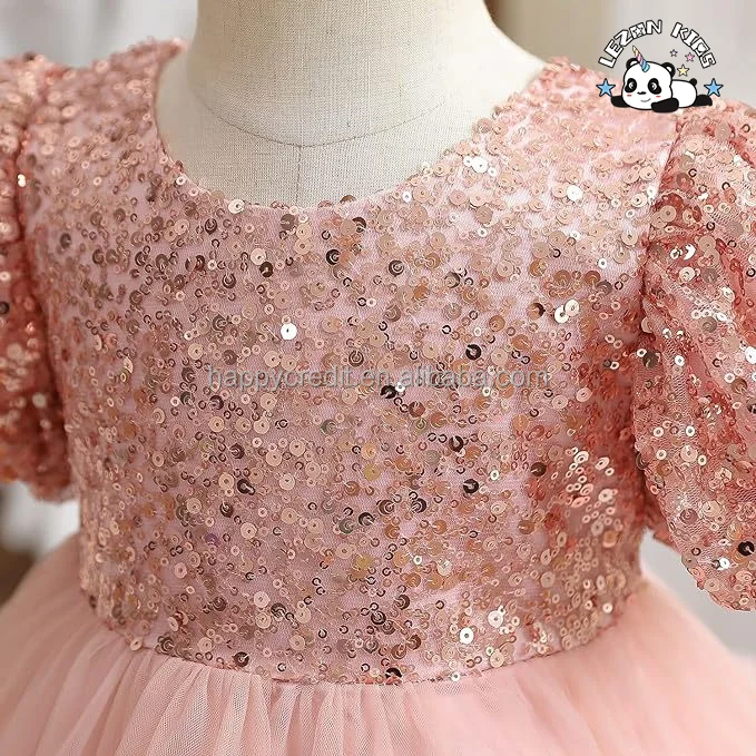 Vestidos infantis com lantejoulas personalizáveis da OEM com manga bufante brilhante com malha de renda para festas para meninas - Product Image