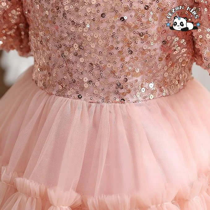 Vestidos infantis com lantejoulas personalizáveis da OEM com manga bufante brilhante com malha de renda para festas para meninas - Product Image