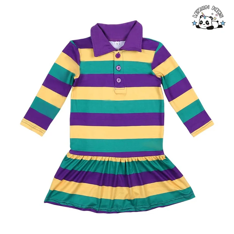 Vestido de menina personalizável OEM para festa de Mardi Gras na primavera, manga longa, listras roxas, verdes e douradas