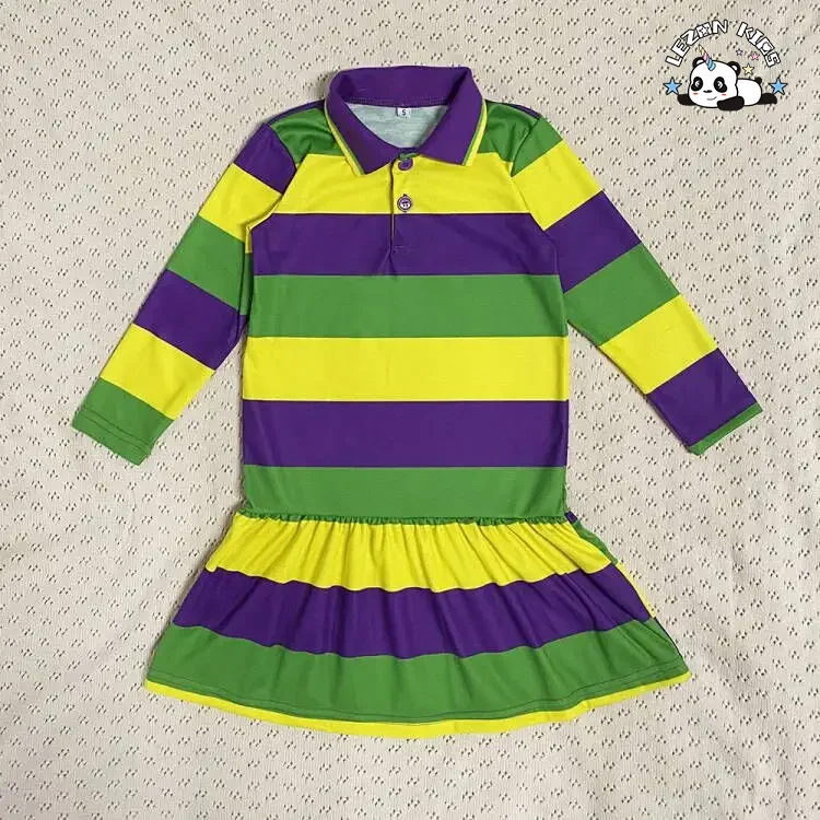 Vestido de menina personalizável OEM para festa de Mardi Gras na primavera, manga longa, listras roxas, verdes e douradas - Product Image