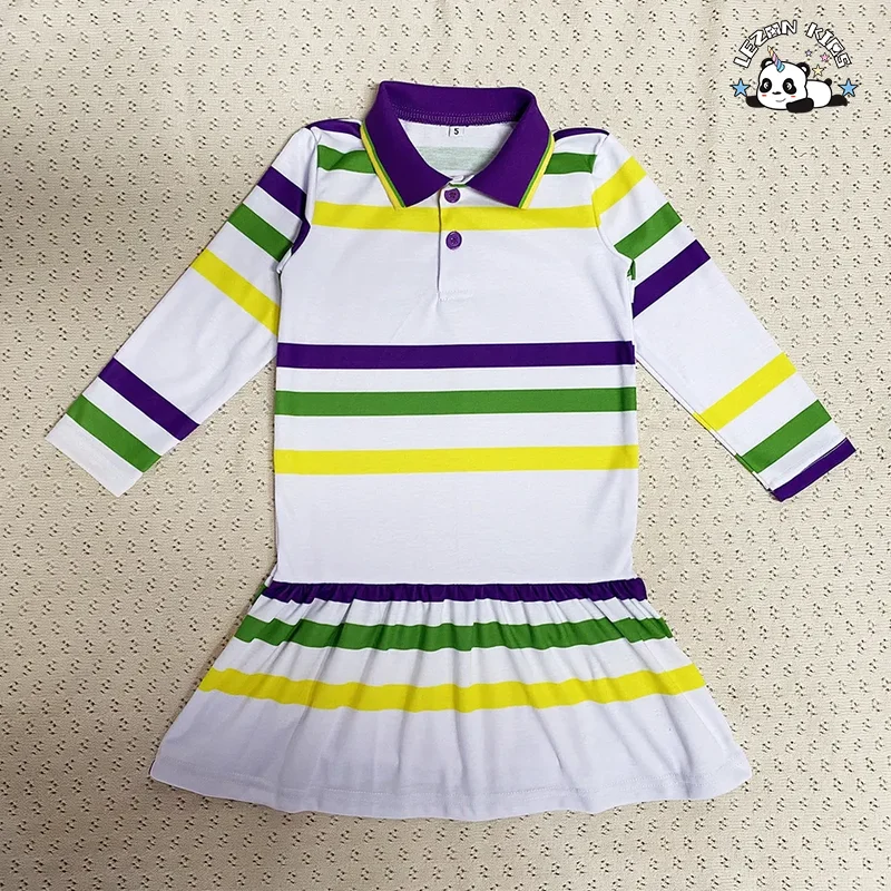Vestido de menina personalizável OEM para festa de Mardi Gras na primavera, manga longa, listras roxas, verdes e douradas - Product Image