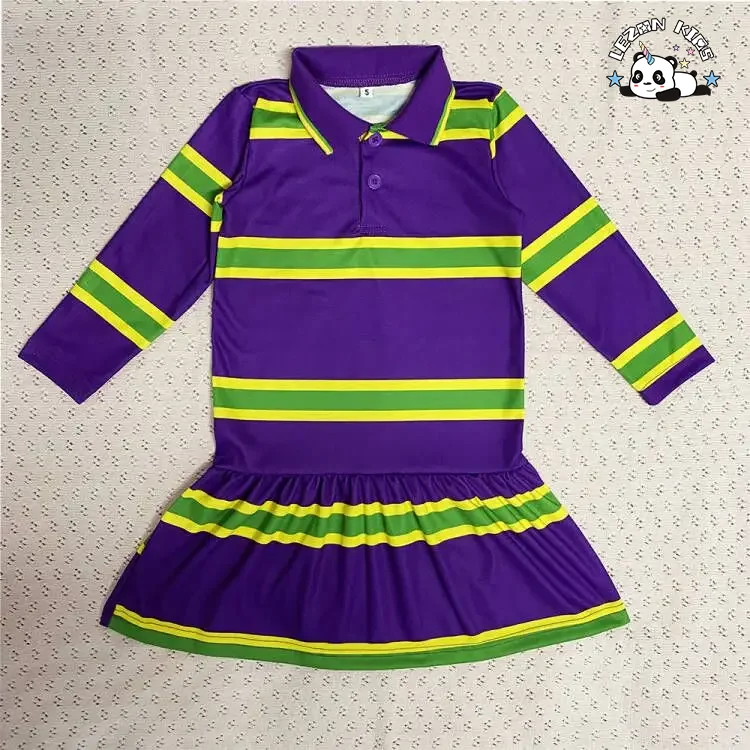 Vestido de menina personalizável OEM para festa de Mardi Gras na primavera, manga longa, listras roxas, verdes e douradas - Product Image