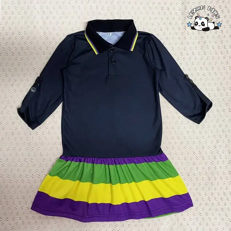 Vestido de menina personalizável OEM para festa de Mardi Gras na primavera, manga longa, listras roxas, verdes e douradas - Product Image
