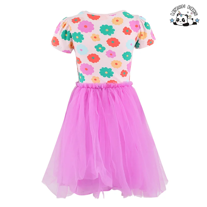 Vestido de menina doce personalizável de manga curta de verão para crianças, vestido de lantejoulas florais para 2-14T - Product Image