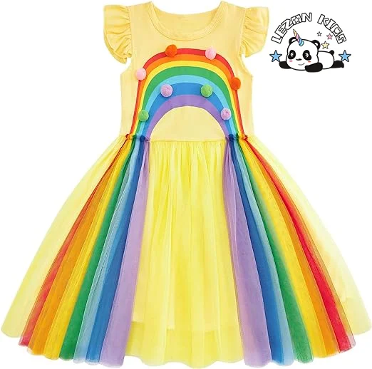 OEM Customizable Tulle Lace Dress Colorful Small Balls Short Sleeve Layered Ruffles Kids Girls Dresses for 2-14Y Children