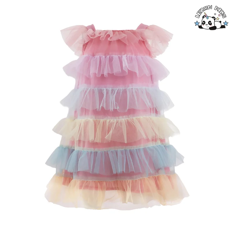 Vestido Princesa Arco-íris Personalizável OEM com Colarinho Quadrado e Camadas de Tule para Meninas, Vestido de Festa Infantil