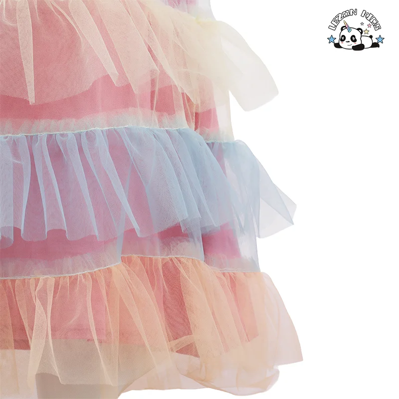 Vestido Princesa Arco-íris Personalizável OEM com Colarinho Quadrado e Camadas de Tule para Meninas, Vestido de Festa Infantil - Product Image