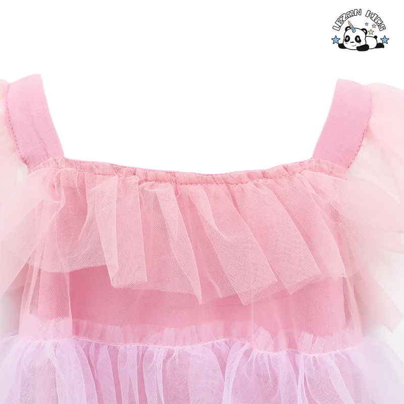 Vestido Princesa Arco-íris Personalizável OEM com Colarinho Quadrado e Camadas de Tule para Meninas, Vestido de Festa Infantil - Product Image