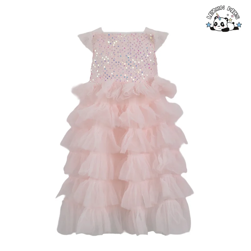 Vestido de festa personalizado OEM com manga bufante e estampa de lantejoulas para meninas de 2 a 14 anos