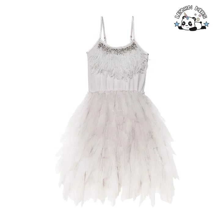 OEM Girls Bead Goose Feather Pink Dress Kids Ballet Performance Party Dress Evening Party Princess Dress for Kids