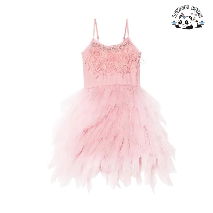 OEM Girls Bead Goose Feather Pink Dress Kids Ballet Performance Party Dress Evening Party Princess Dress for Kids - Product Image
