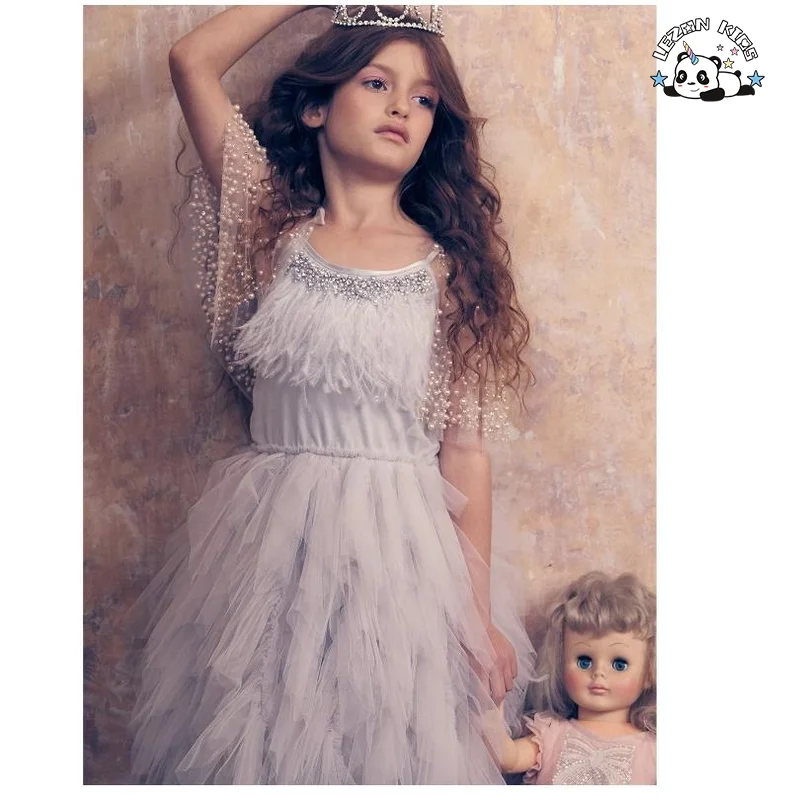 OEM Girls Bead Goose Feather Pink Dress Kids Ballet Performance Party Dress Evening Party Princess Dress for Kids - Product Image