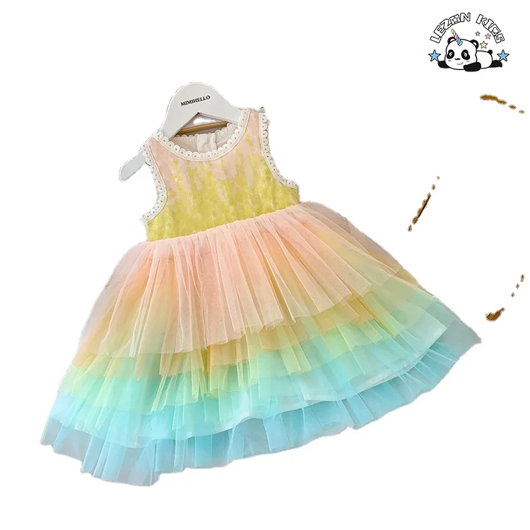 OEM Girls Mesh Rainbow Tutu Dress Kids Sequin Mesh Party Dress Evening Party Princess Dress for Kids