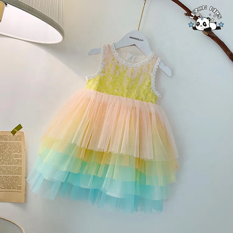 OEM Girls Mesh Rainbow Tutu Dress Kids Sequin Mesh Party Dress Evening Party Princess Dress for Kids - Product Image