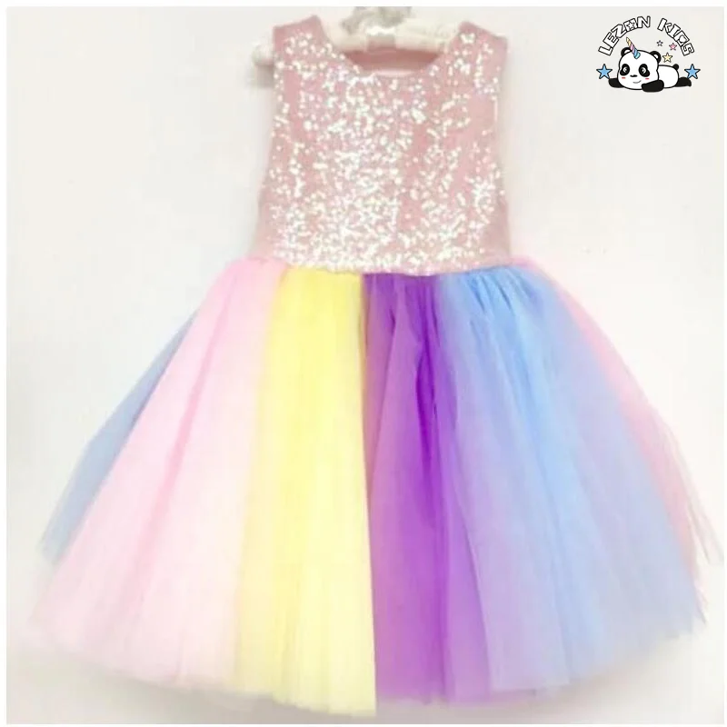 Vestido de Lantejoulas Rosa para Meninas OEM Vestido de Malha Arco-íris para Festa Noturna Princesa para Crianças