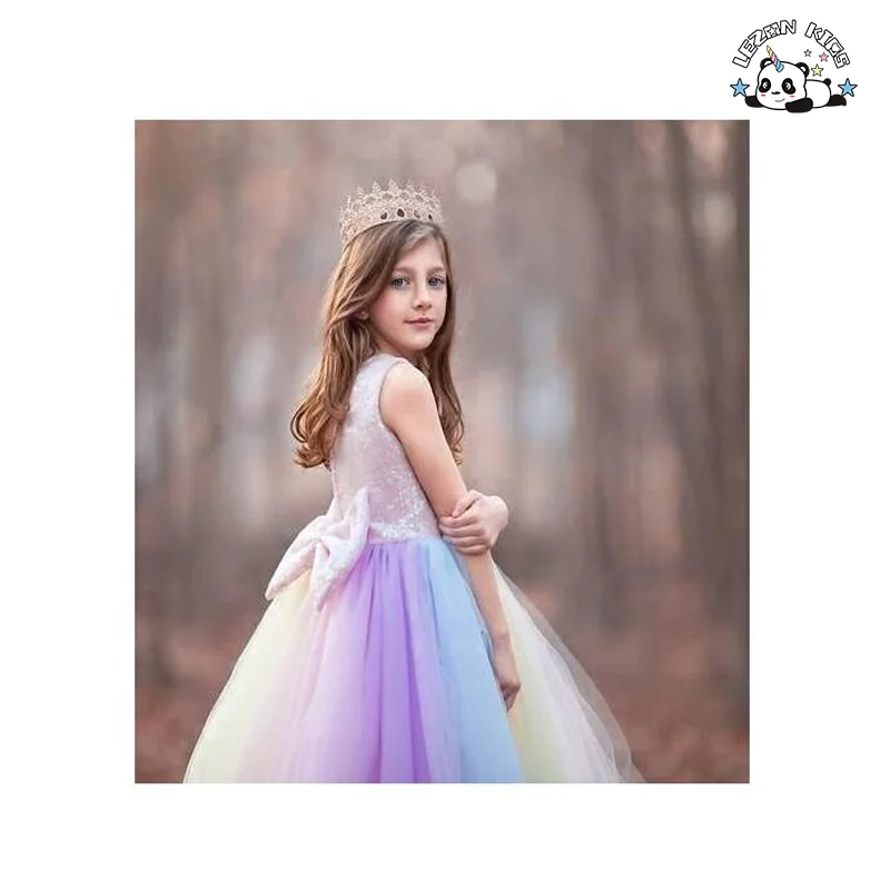 Vestido de Lantejoulas Rosa para Meninas OEM Vestido de Malha Arco-íris para Festa Noturna Princesa para Crianças - Product Image
