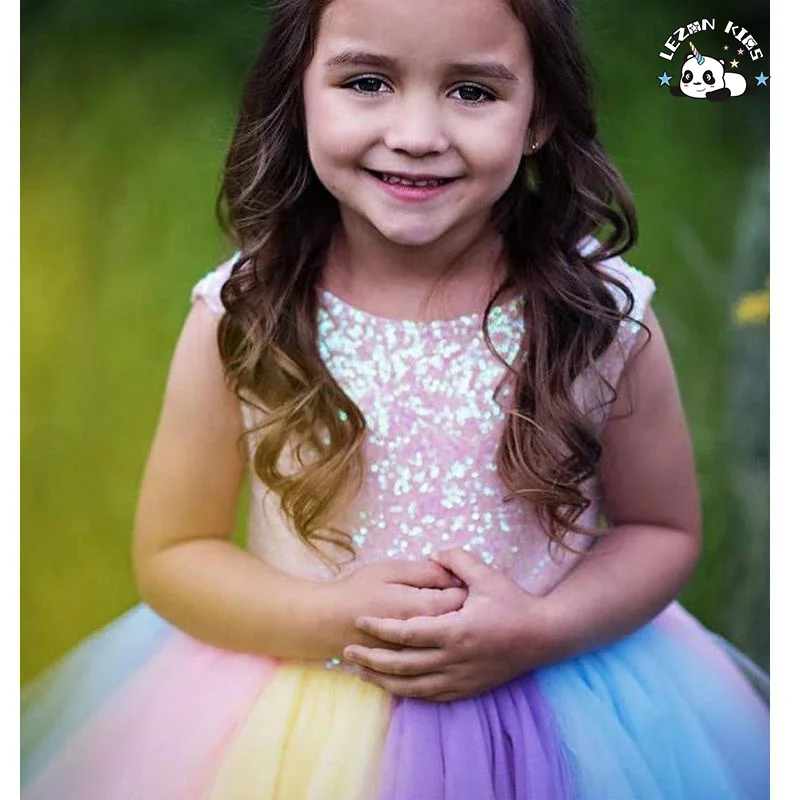 Vestido de Lantejoulas Rosa para Meninas OEM Vestido de Malha Arco-íris para Festa Noturna Princesa para Crianças - Product Image