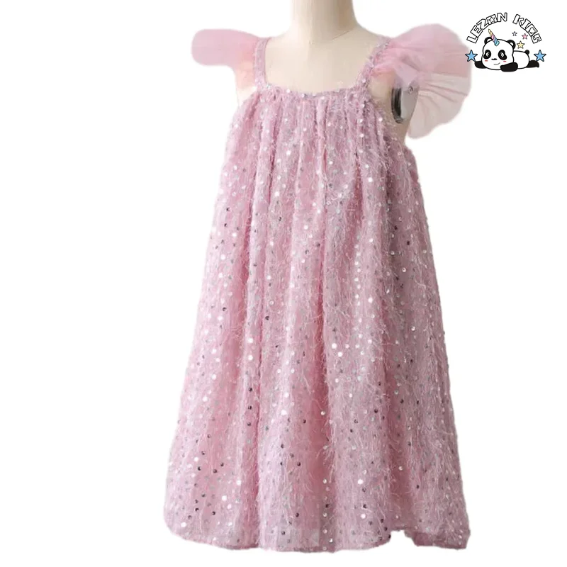 Produto Novo OEM Explosão Personalizado Sem Mangas Rosa Brilho Lantejoulas Princesa Vestido para Menina