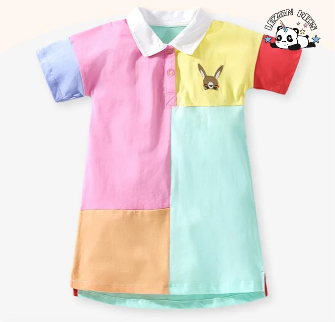 OEM ODM Custom Color Short Sleeve Splicing Kids Dress Cotton Casual Girls Dress for 2 to 14T Girls