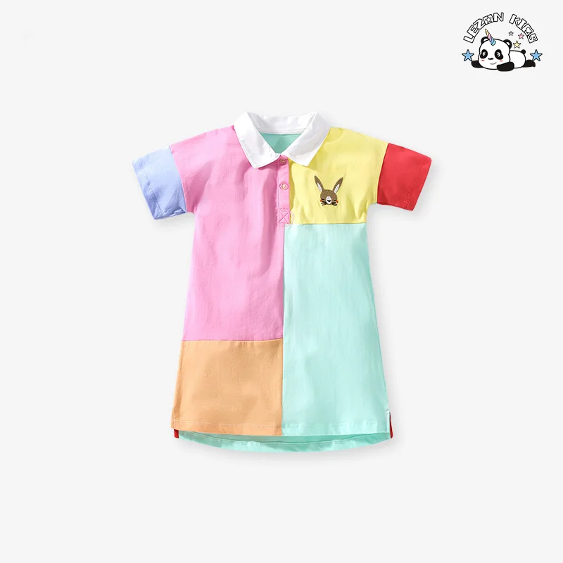 OEM ODM Custom Color Short Sleeve Splicing Kids Dress Cotton Casual Girls Dress for 2 to 14T Girls - Product Image