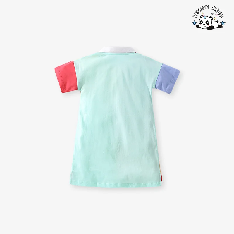 OEM ODM Custom Color Short Sleeve Splicing Kids Dress Cotton Casual Girls Dress for 2 to 14T Girls - Product Image
