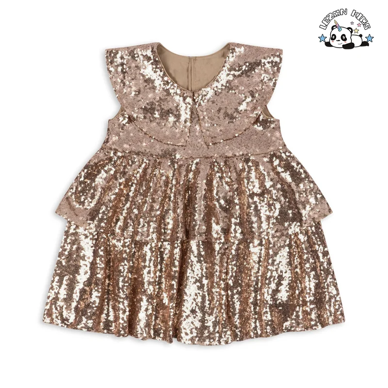OEM ODM Vestido de Festa Infantil Personalizável para Meninas com Lantejoulas Douradas sem Mangas para Verão