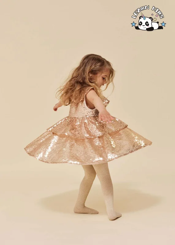 OEM ODM Vestido de Festa Infantil Personalizável para Meninas com Lantejoulas Douradas sem Mangas para Verão - Product Image