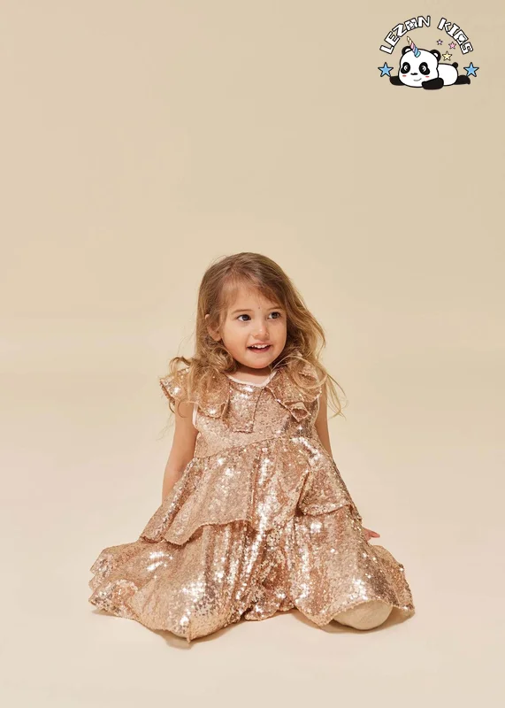 OEM ODM Vestido de Festa Infantil Personalizável para Meninas com Lantejoulas Douradas sem Mangas para Verão - Product Image