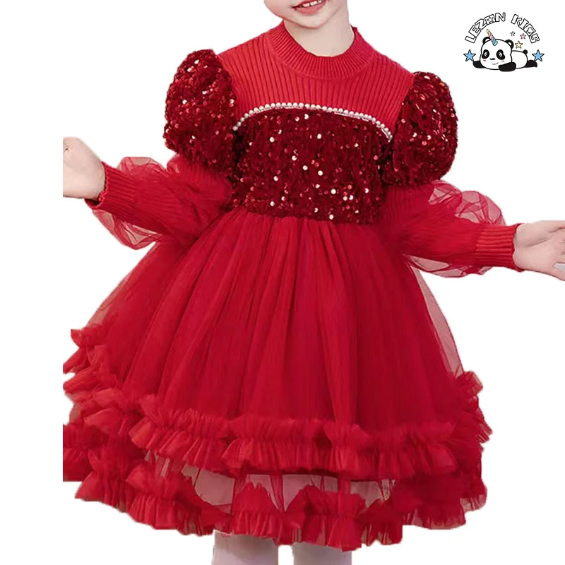 OEM ODM Customizable Long Sleeve Tulle Dress Tutu Red Pink Kids Clothing for Girls Party Dresses 2-14 Years - Product Image