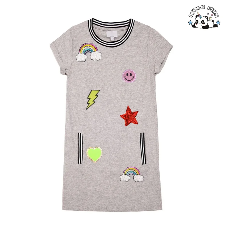 OEM ODM Vestido de Camiseta de Manga Longa com Decote Redondo para Meninas, Vestido de Camiseta Infantil