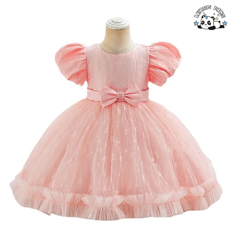 Pink Flower Sequins Girl Dresswith Puff Sleeves Pageant Dress in Wedding or Party for 1st Baby Girl