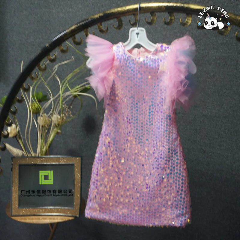 Vestido Infantil com Manga Voadora e Renda Sequined Rosa para Desfile e Festa de Aniversário - Product Image