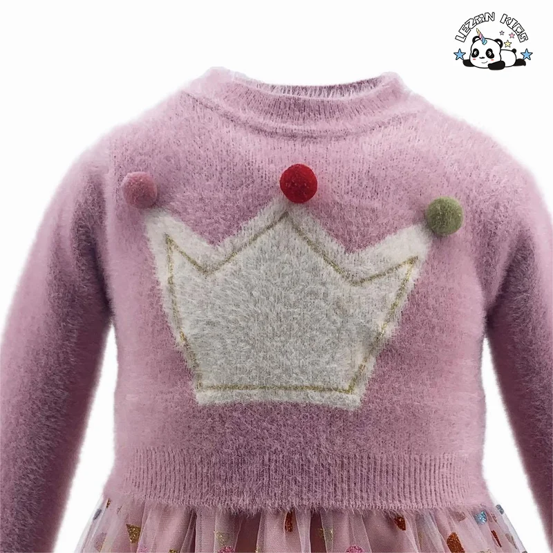 Pink mesh pompom spring and autumn long sleeve dress - Product Image
