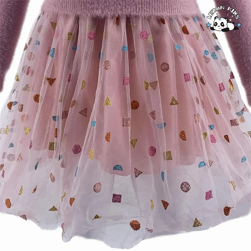 Pink mesh pompom spring and autumn long sleeve dress - Product Image