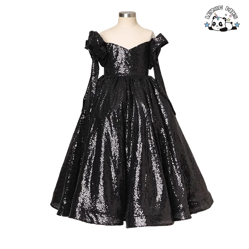Vestido de Criança com Manga Longa e Decote em V com Lantejoulas Preto para Festa