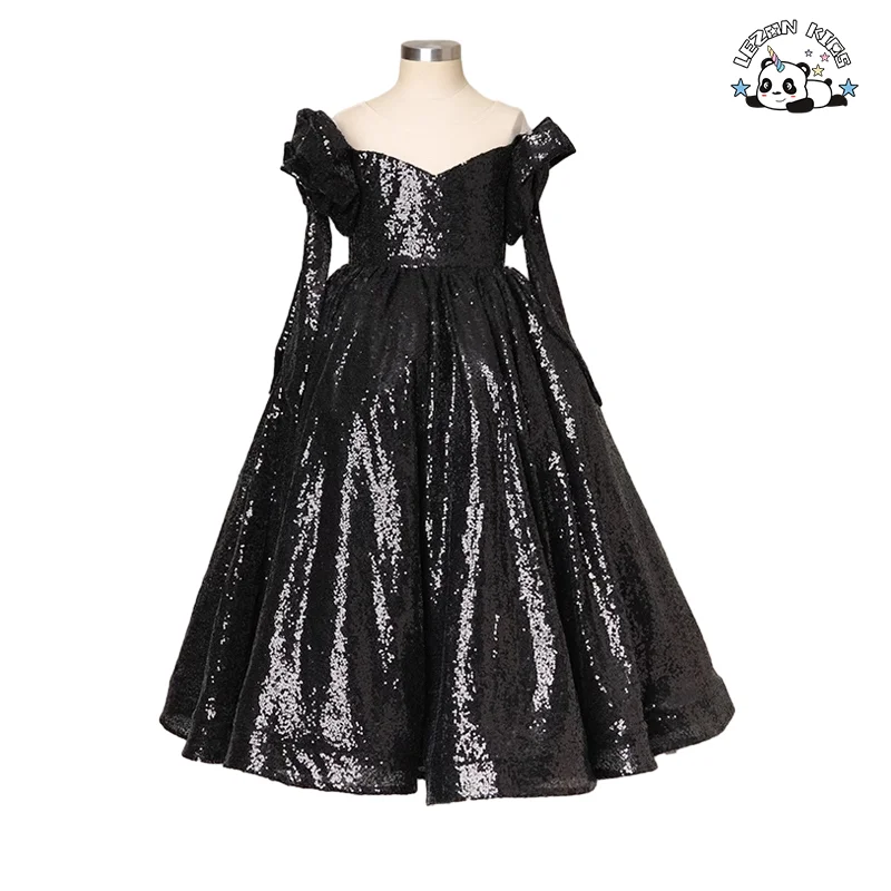 Vestido de Criança com Manga Longa e Decote em V com Lantejoulas Preto para Festa - Product Image