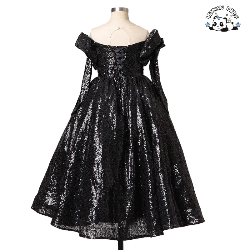Vestido de Criança com Manga Longa e Decote em V com Lantejoulas Preto para Festa - Product Image