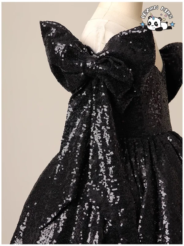 Vestido de Criança com Manga Longa e Decote em V com Lantejoulas Preto para Festa - Product Image