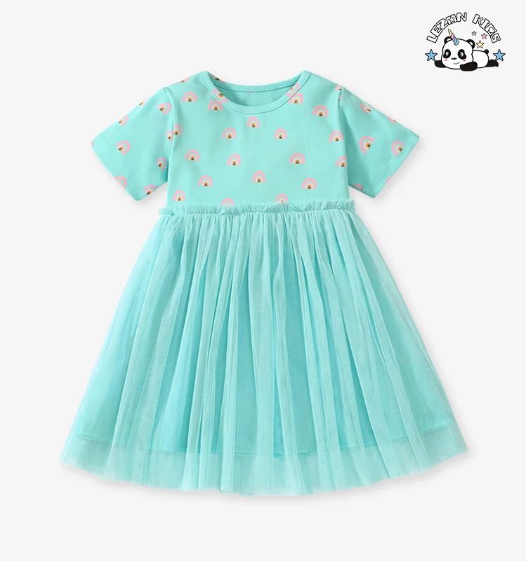 Vestido de Malha com Design Popular para Meninas, Manga Curta Respirável, Vestido Causal de Princesa para Crianças de 2 a 14 Anos