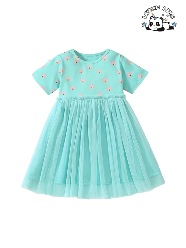 Vestido de Malha com Design Popular para Meninas, Manga Curta Respirável, Vestido Causal de Princesa para Crianças de 2 a 14 Anos - Product Image